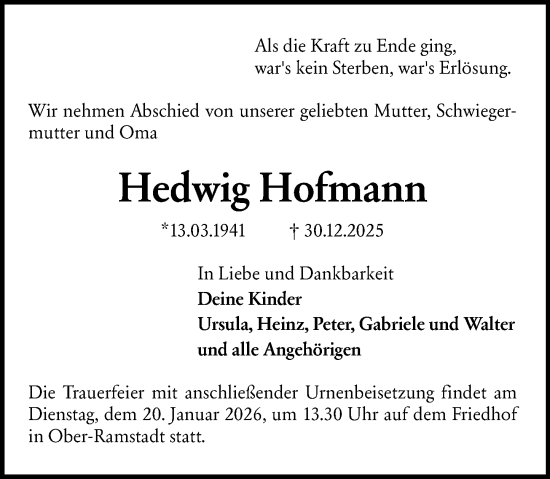 Traueranzeige von Hedwig Hofmann von Darmstädter Echo