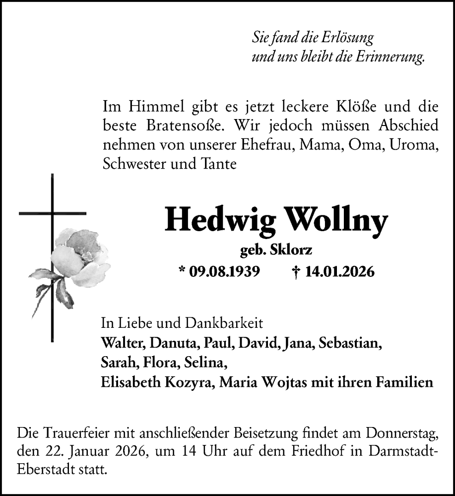  Traueranzeige für Hedwig Wollny vom 17.01.2026 aus Darmstädter Echo