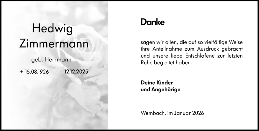  Traueranzeige für Hedwig Zimmermann vom 31.01.2026 aus Darmstädter Echo