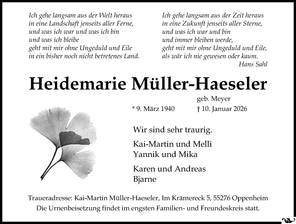  Traueranzeige für Heidemarie Müller-Haeseler vom 17.01.2026 aus Allgemeine Zeitung Mainz
