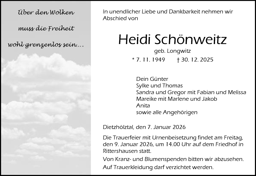  Traueranzeige für Heidi Schönweitz vom 07.01.2026 aus Hinterländer Anzeiger