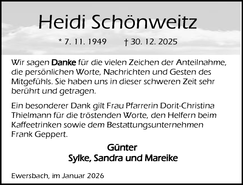  Traueranzeige für Heidi Schönweitz vom 31.01.2026 aus Hinterländer Anzeiger