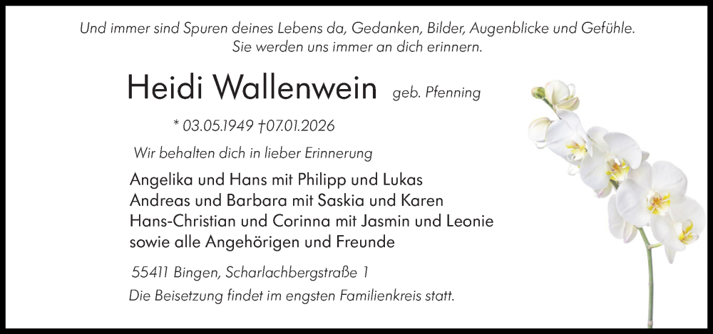  Traueranzeige für Heidi Wallenwein vom 17.01.2026 aus Allgemeine Zeitung Rheinhessen-Nahe