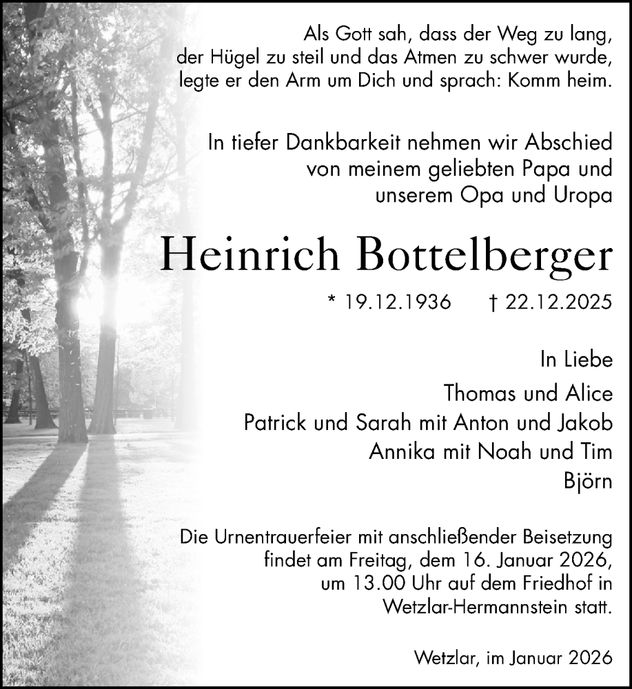  Traueranzeige für Heinrich Bottelberger vom 10.01.2026 aus Wetzlarer Neue Zeitung