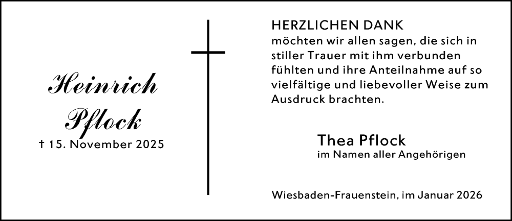  Traueranzeige für Heinrich Pflock vom 10.01.2026 aus Wiesbadener Kurier
