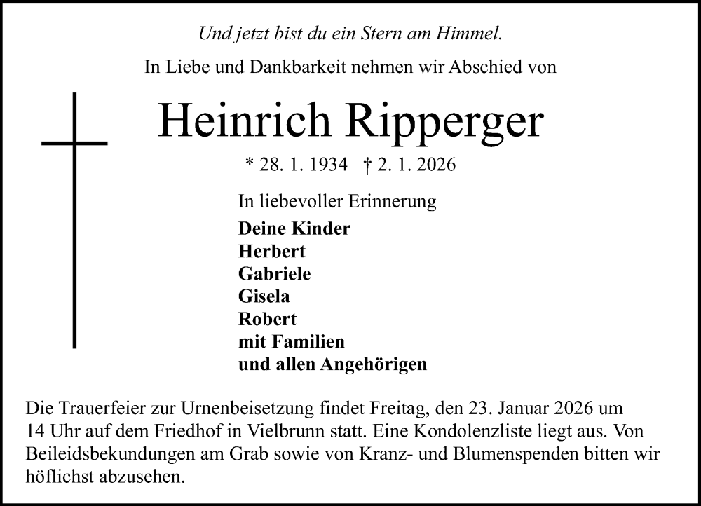  Traueranzeige für Heinrich Ripperger vom 17.01.2026 aus Odenwälder Echo