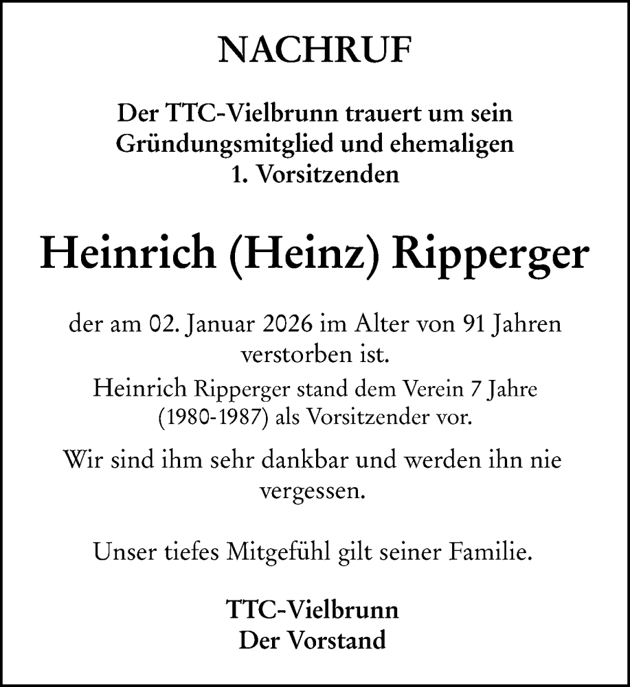  Traueranzeige für Heinrich Ripperger vom 17.01.2026 aus Odenwälder Echo