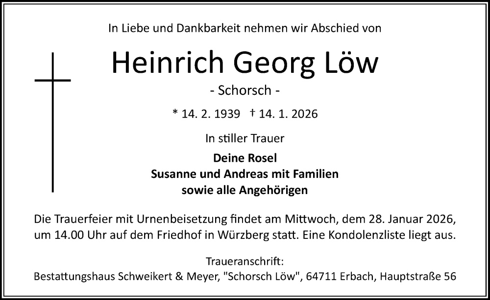  Traueranzeige für Heinrich Georg Löw vom 24.01.2026 aus Odenwälder Echo