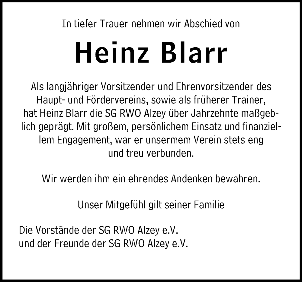  Traueranzeige für Heinz Blarr vom 10.01.2026 aus Allgemeine Zeitung Alzey