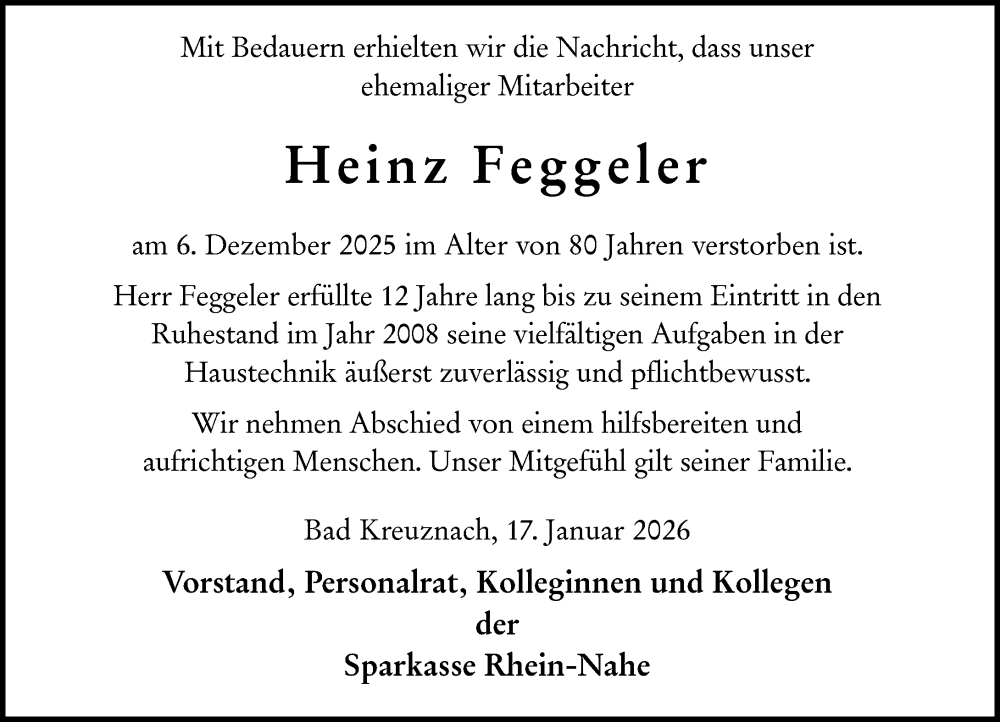  Traueranzeige für Heinz Feggeler vom 17.01.2026 aus Allgemeine Zeitung Rheinhessen-Nahe