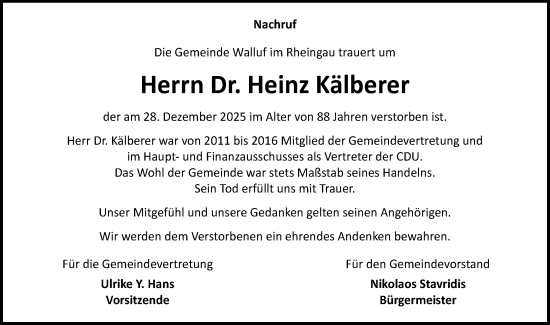 Traueranzeige von Heinz Kälberer von Rheingau Kurier