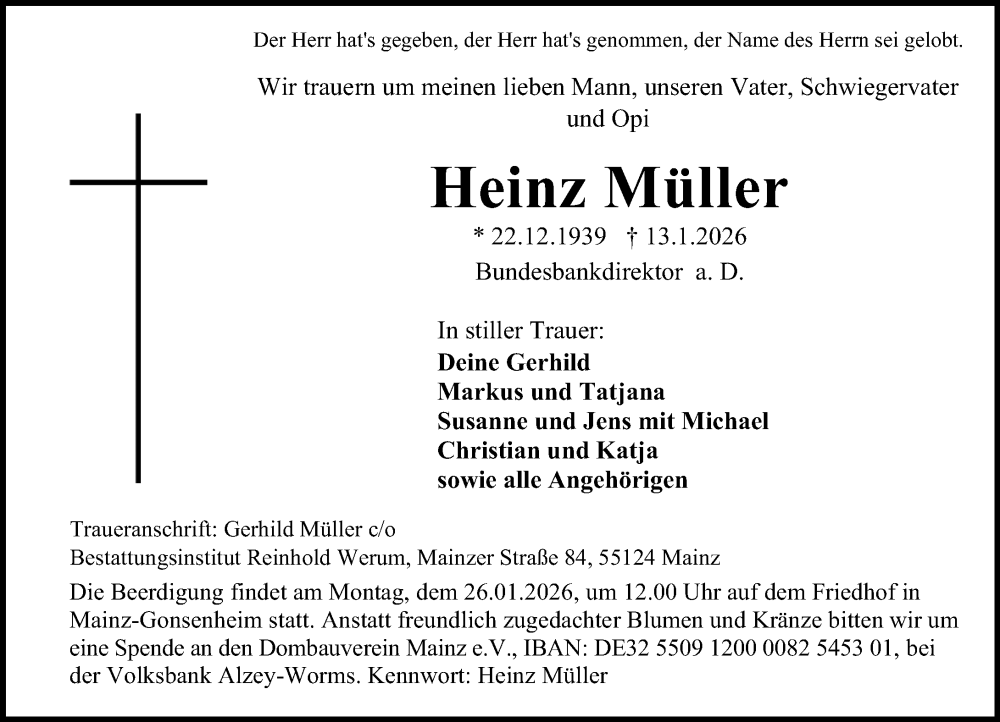  Traueranzeige für Heinz Müller vom 17.01.2026 aus Allgemeine Zeitung Mainz