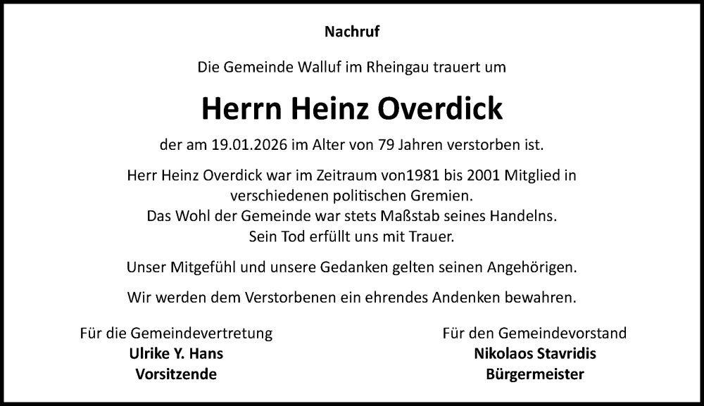  Traueranzeige für Heinz Overdick vom 31.01.2026 aus Rheingau Kurier