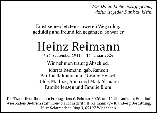 Traueranzeige von Heinz Reimann von Wiesbadener Kurier