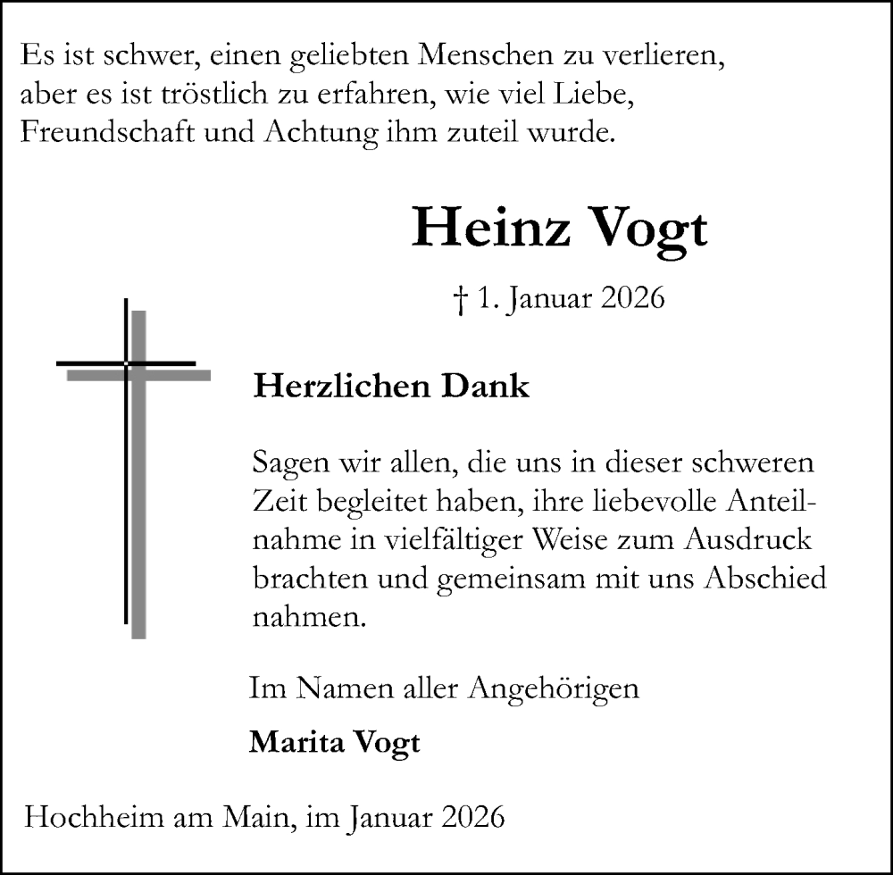  Traueranzeige für Heinz Vogt vom 30.01.2026 aus Hochheimer Zeitung