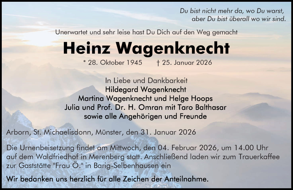  Traueranzeige für Heinz Wagenknecht vom 31.01.2026 aus Dill Block