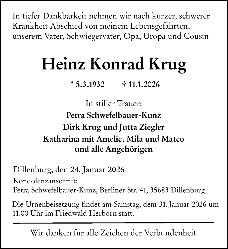  Traueranzeige für Heinz Konrad Krug vom 24.01.2026 aus Dill Block