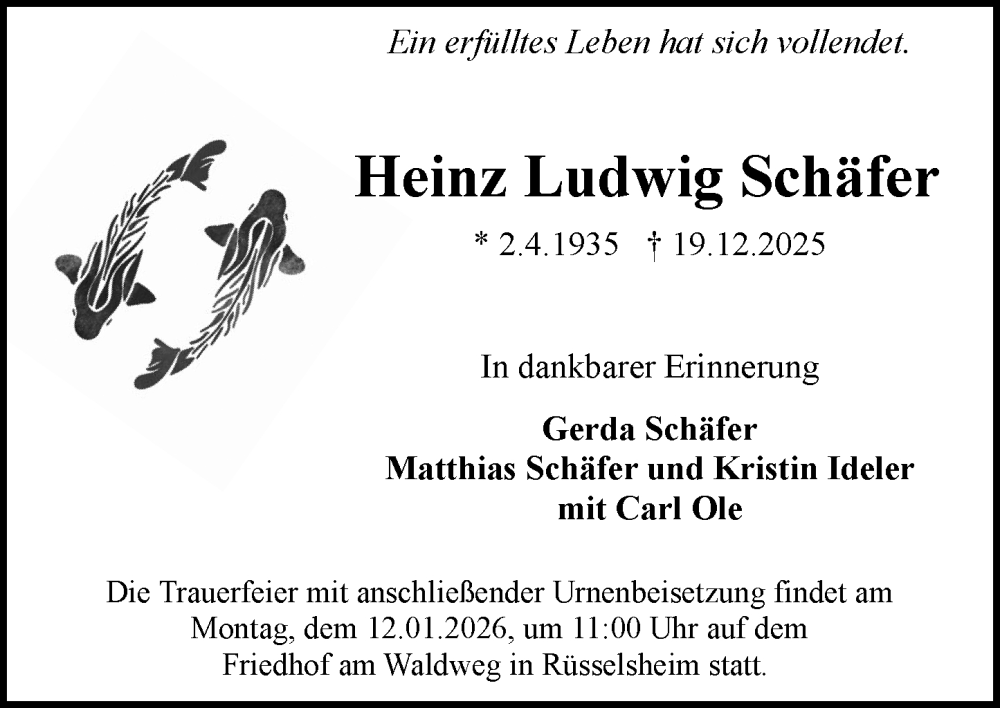  Traueranzeige für Heinz Ludwig Schäfer vom 10.01.2026 aus Rüsselsheimer Echo