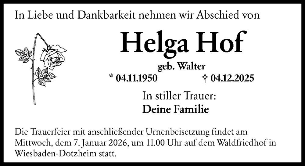  Traueranzeige für Helga Hof vom 03.01.2026 aus Wiesbadener Kurier