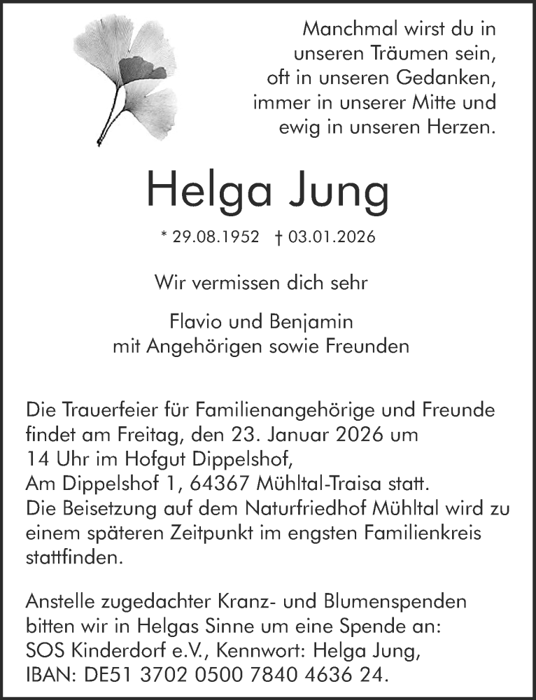  Traueranzeige für Helga Jung vom 17.01.2026 aus Darmstädter Echo