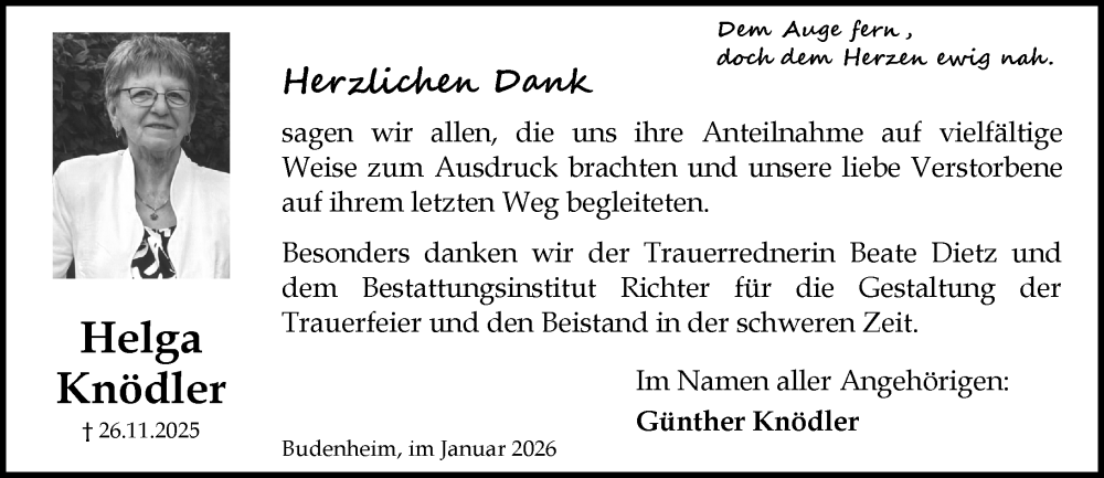  Traueranzeige für Helga Knödler vom 31.01.2026 aus Allgemeine Zeitung Mainz