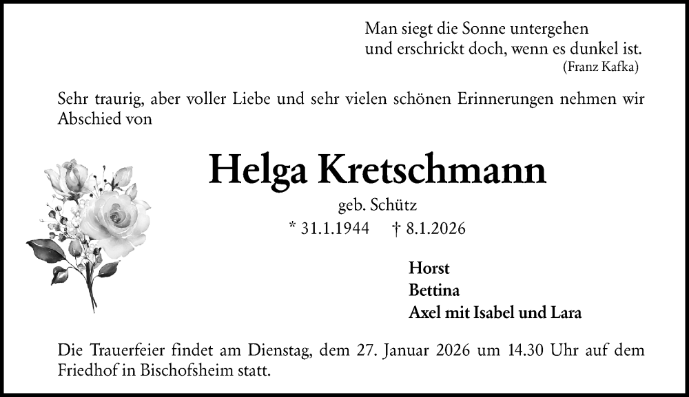  Traueranzeige für Helga Kretschmann vom 17.01.2026 aus Rüsselsheimer Echo