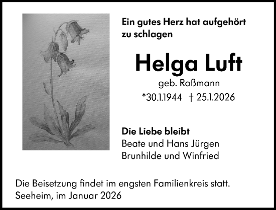 Traueranzeige von Helga Luft von Darmstädter Echo