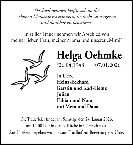 Traueranzeige von Helga Oehmke von Idsteiner Land/Untertaunus