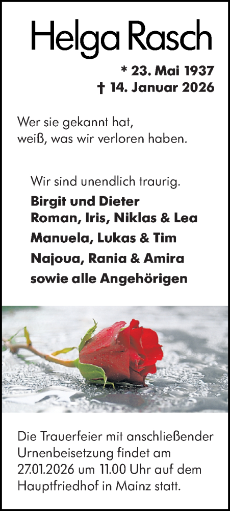  Traueranzeige für Helga Rasch vom 22.01.2026 aus Allgemeine Zeitung Mainz