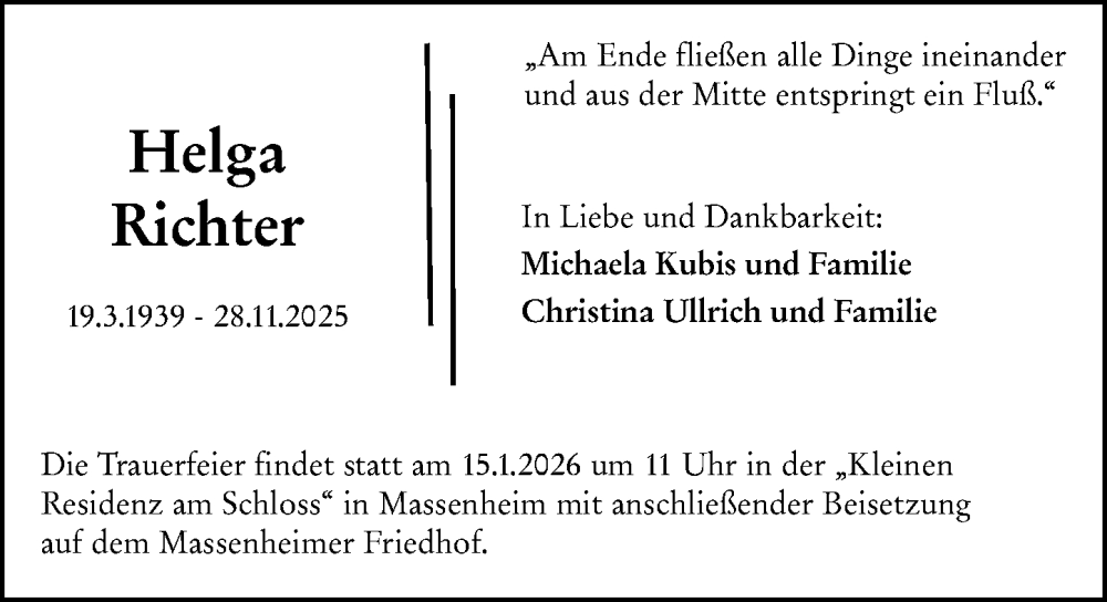 Traueranzeige für Helga Richter vom 02.01.2026 aus Hochheimer Zeitung