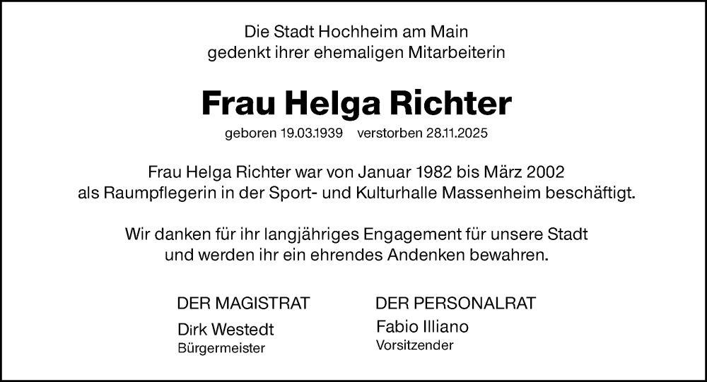  Traueranzeige für Helga Richter vom 09.01.2026 aus Hochheimer Zeitung