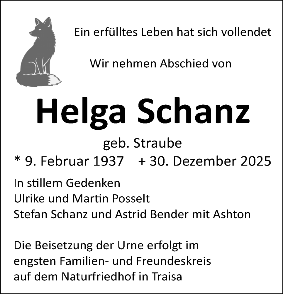  Traueranzeige für Helga Schanz vom 10.01.2026 aus Darmstädter Echo