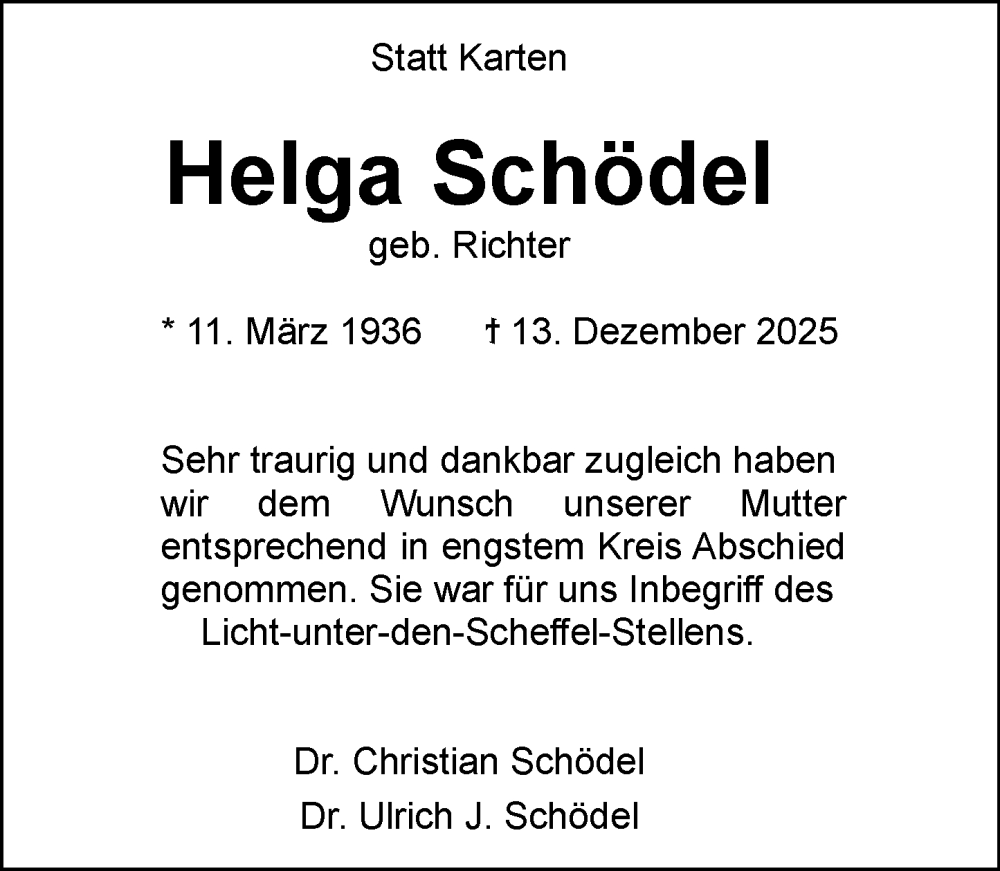  Traueranzeige für Helga Schödel vom 17.01.2026 aus Dieburger Anzeiger/Groß-Zimmerner Lokal-Anzeiger