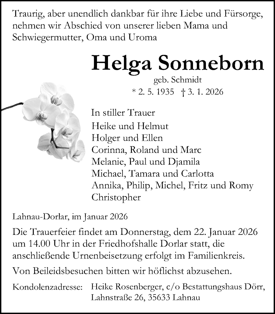  Traueranzeige für Helga Sonneborn vom 17.01.2026 aus Wetzlarer Neue Zeitung