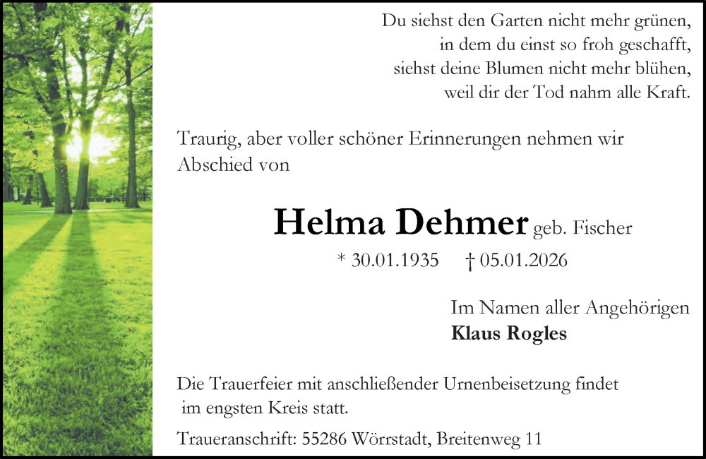  Traueranzeige für Helma Dehmer vom 10.01.2026 aus Allgemeine Zeitung Alzey