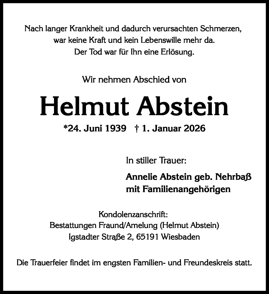  Traueranzeige für Helmut Abstein vom 10.01.2026 aus Wiesbadener Kurier