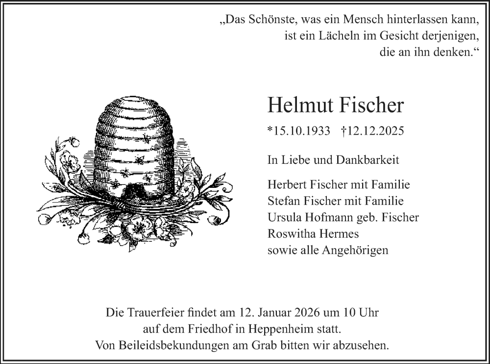  Traueranzeige für Helmut Fischer vom 10.01.2026 aus Starkenburger Echo
