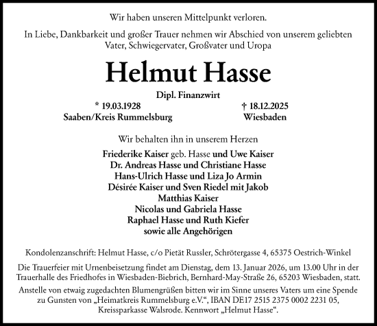 Traueranzeige von Helmut Hasse von Wiesbadener Kurier