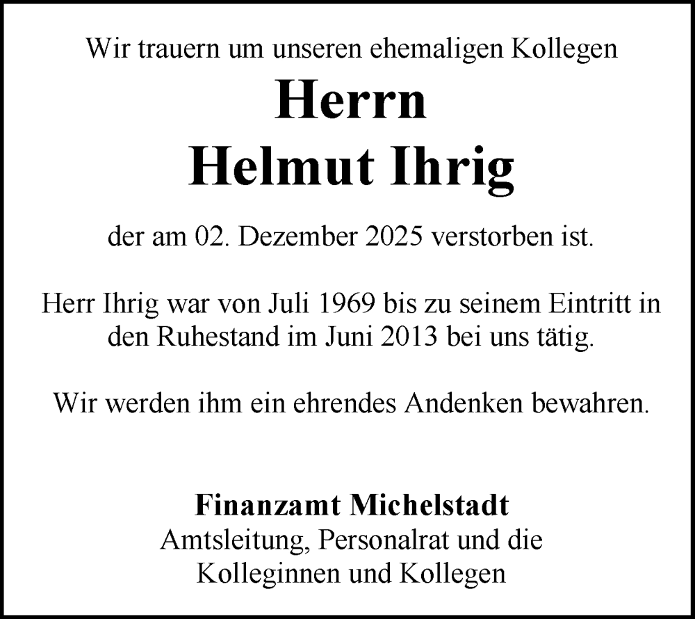  Traueranzeige für Helmut Ihrig vom 03.01.2026 aus Odenwälder Echo