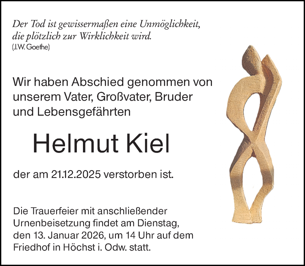  Traueranzeige für Helmut Kiel vom 10.01.2026 aus Odenwälder Echo