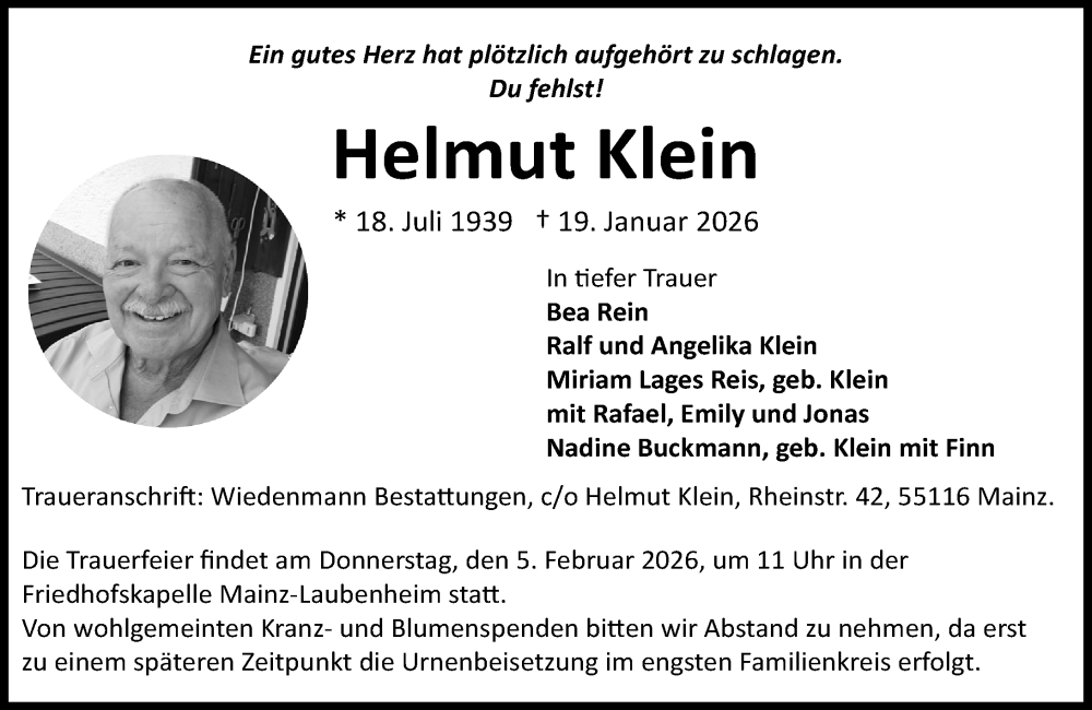  Traueranzeige für Helmut Klein vom 31.01.2026 aus Allgemeine Zeitung Mainz