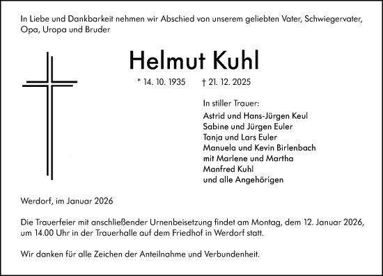 Traueranzeige von Helmut Kuhl von Wetzlarer Neue Zeitung