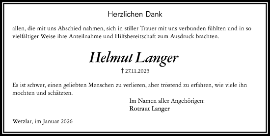 Traueranzeige von Helmut Langer von Wetzlarer Neue Zeitung