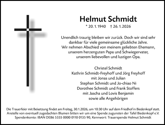 Traueranzeige von Helmut Schmidt von Hinterländer Anzeiger