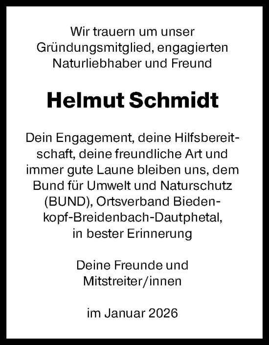 Traueranzeige von Helmut Schmidt von Hinterländer Anzeiger