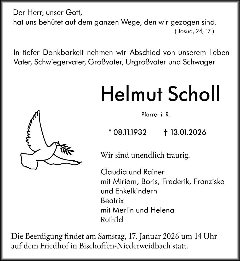  Traueranzeige für Helmut Scholl vom 16.01.2026 aus Wetzlarer Neue Zeitung