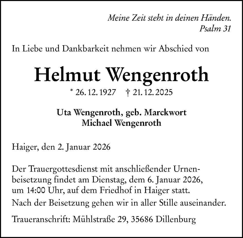  Traueranzeige für Helmut Wengenroth vom 02.01.2026 aus Dill Block