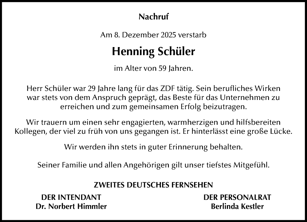  Traueranzeige für Henning Schüler vom 10.01.2026 aus Allgemeine Zeitung Mainz