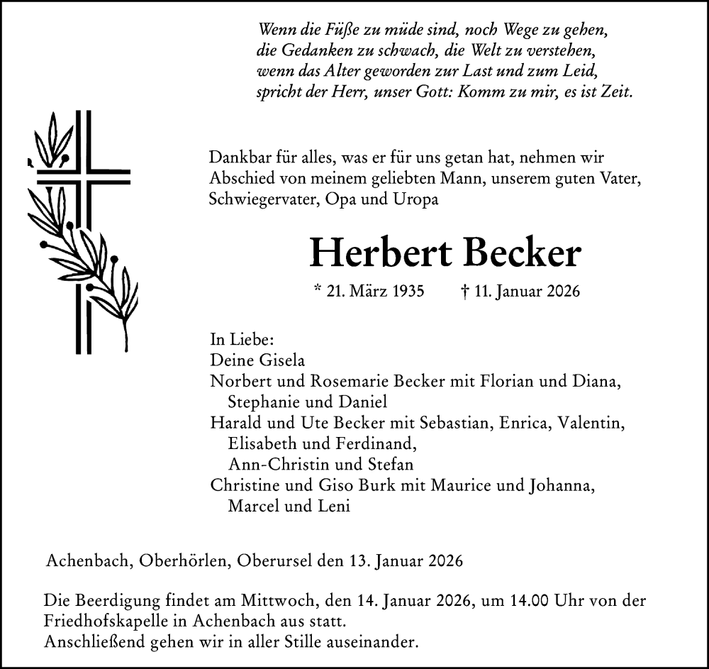  Traueranzeige für Herbert Becker vom 13.01.2026 aus Hinterländer Anzeiger