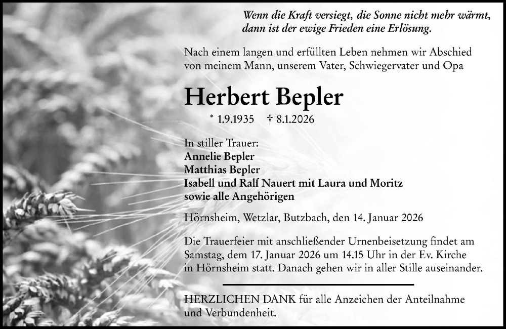  Traueranzeige für Herbert Bepler vom 14.01.2026 aus Wetzlarer Neue Zeitung